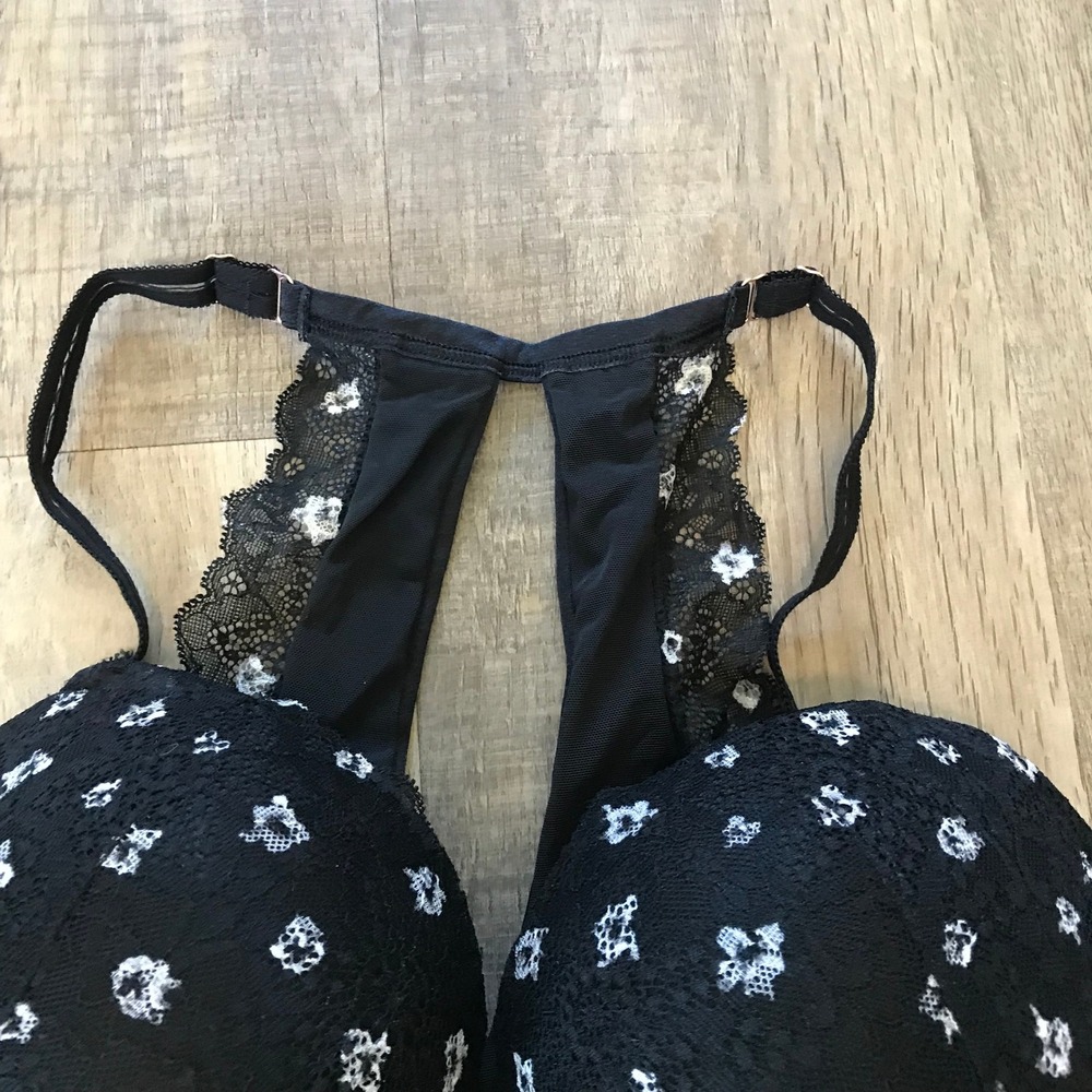Pink Victoria's Secret 36DD Black Floral Lace Front Close Push Up Racerback Bra - Picture 2 of 6
